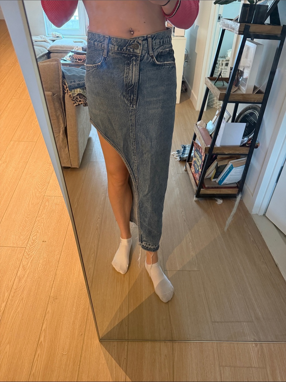Asymmetric Washed Denim Midi Skirt - Blue